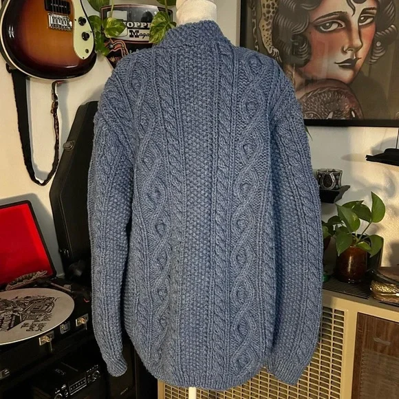 Vintage 1970s Men’s Blue Cable Wool Knit Cardigan Sweater